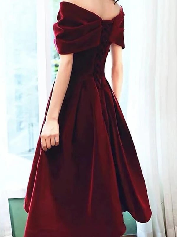 Off Shoulder Burgundy Velvet Short Prom Burgundy Velvet Formal Graduation Evening Dresses Party Dresses Homecoming Dresses