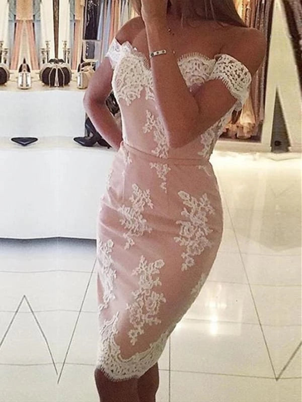 Off Shoulder Mermaid Pink Lace Short Prom Mermaid Homecoming Formal Evening Party Dresses Homecoming Dresses