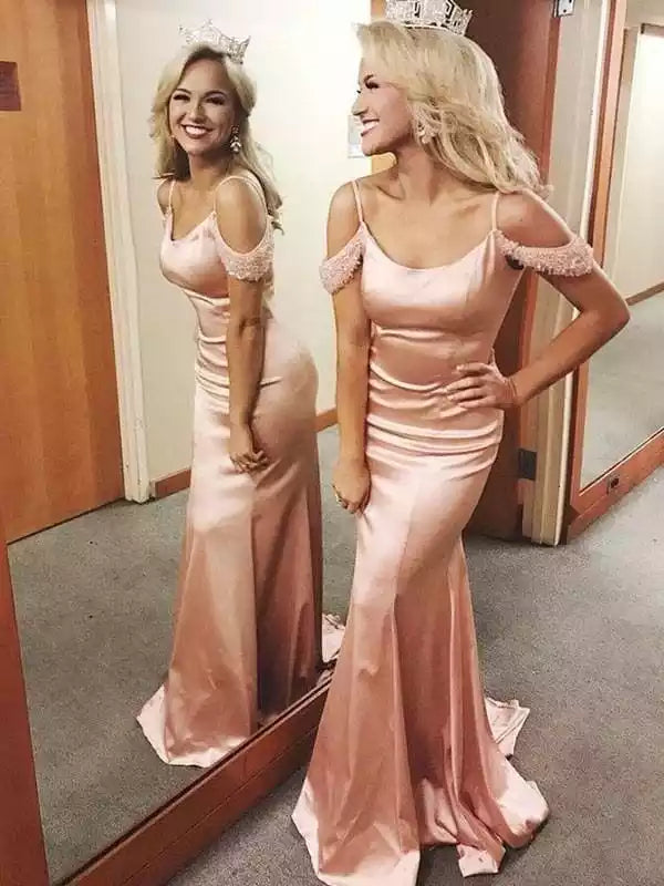 Off Shoulder Satin Prom Dresses with Side Split Bridesmaid Dresses