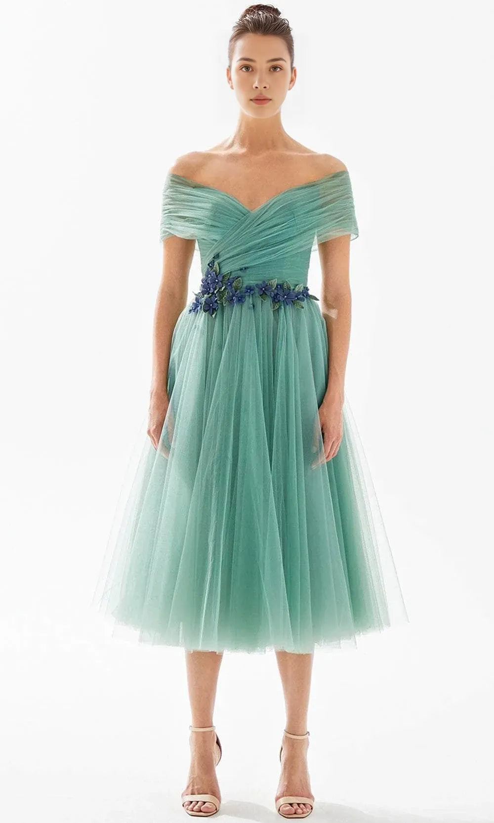 Off Shoulder Sleeveless A-Line Romantic Tea Length Prom Dress Hot Sale For Adults