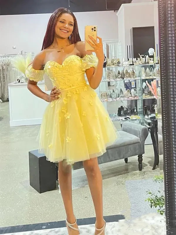 Off Shoulder Yellow Lace Floral Prom Dresses Short Yellow Formal Evening Dresses Party Dresses Homecoming Dresses