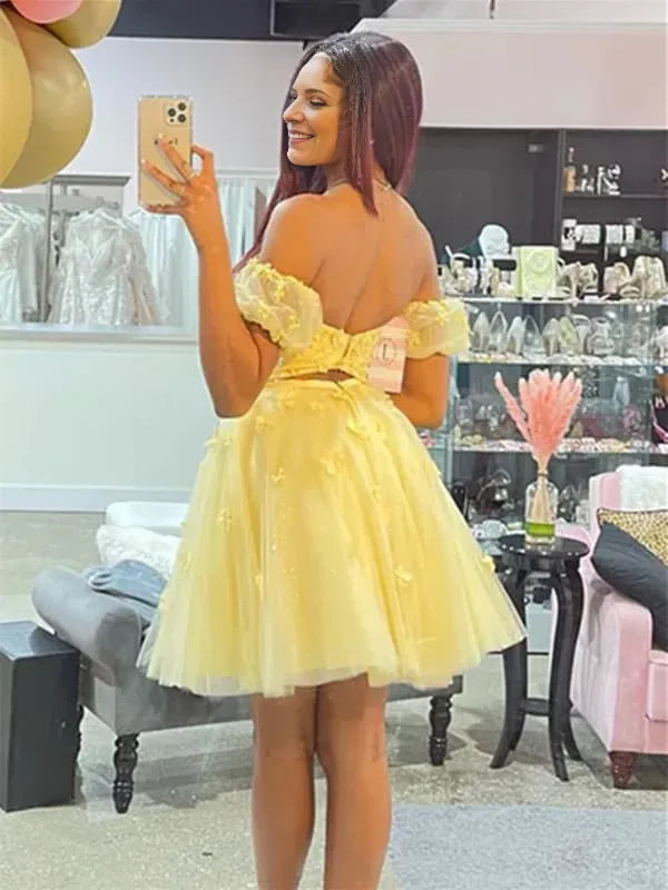 Off Shoulder Yellow Lace Floral Prom Dresses Short Yellow Formal Evening Dresses Party Dresses Homecoming Dresses