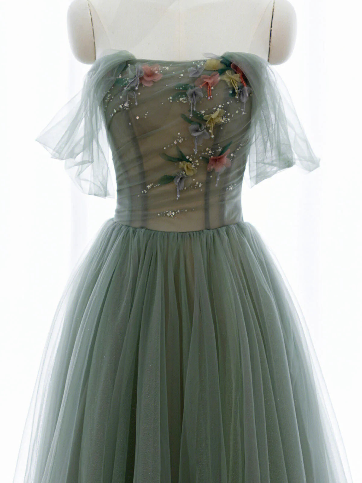 Off the Shoulder A-Line Green Tulle Long Prom Dress Evening Party Dress