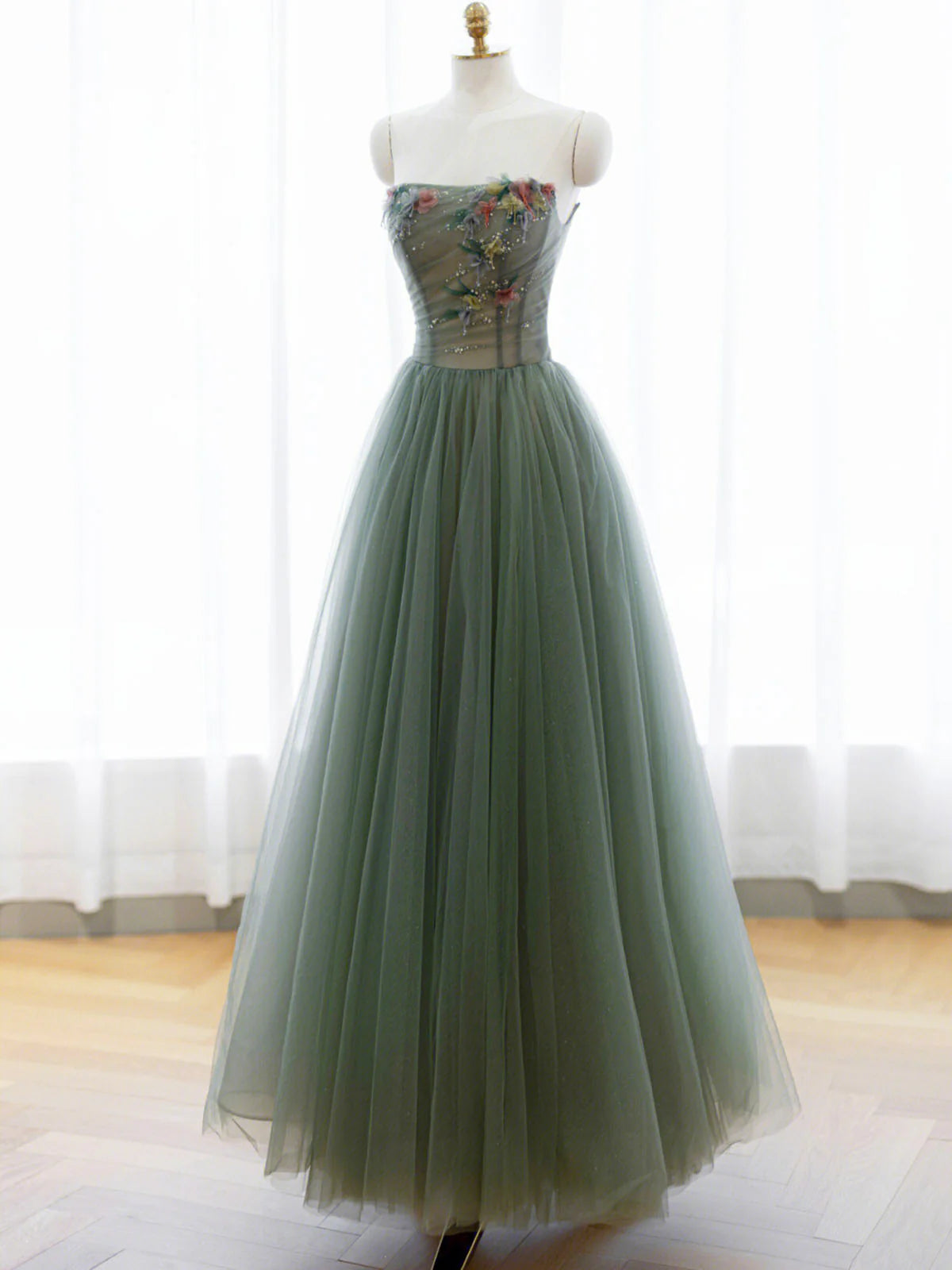 Off the Shoulder A-Line Green Tulle Long Prom Dress Evening Party Dress