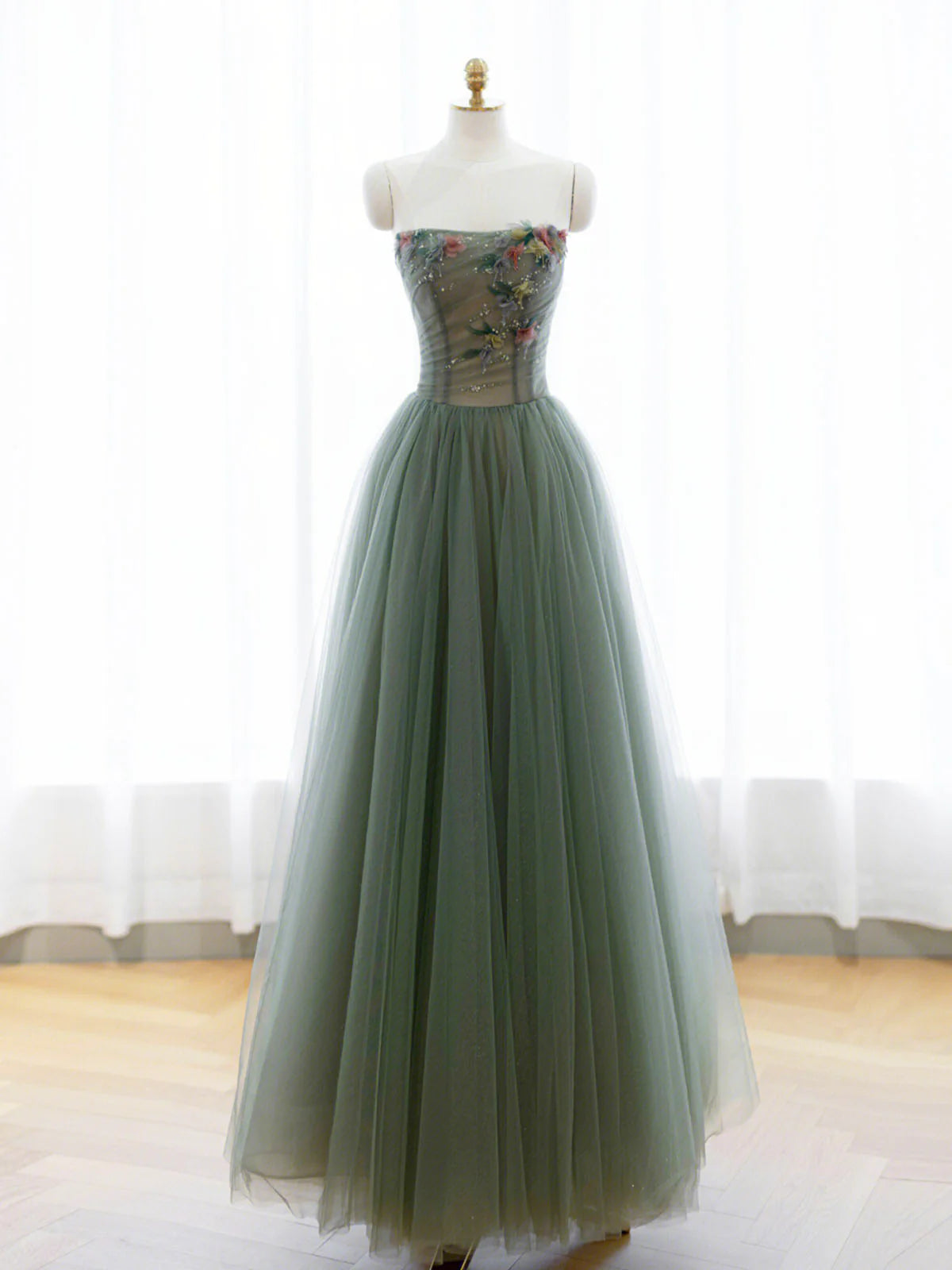 Off the Shoulder A-Line Green Tulle Long Prom Dress Evening Party Dress