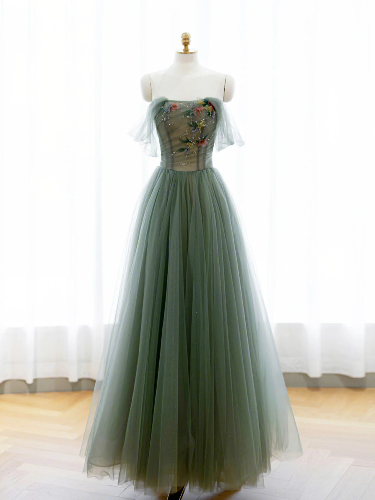 Off the Shoulder A-Line Green Tulle Long Prom Dress Evening Party Dress
