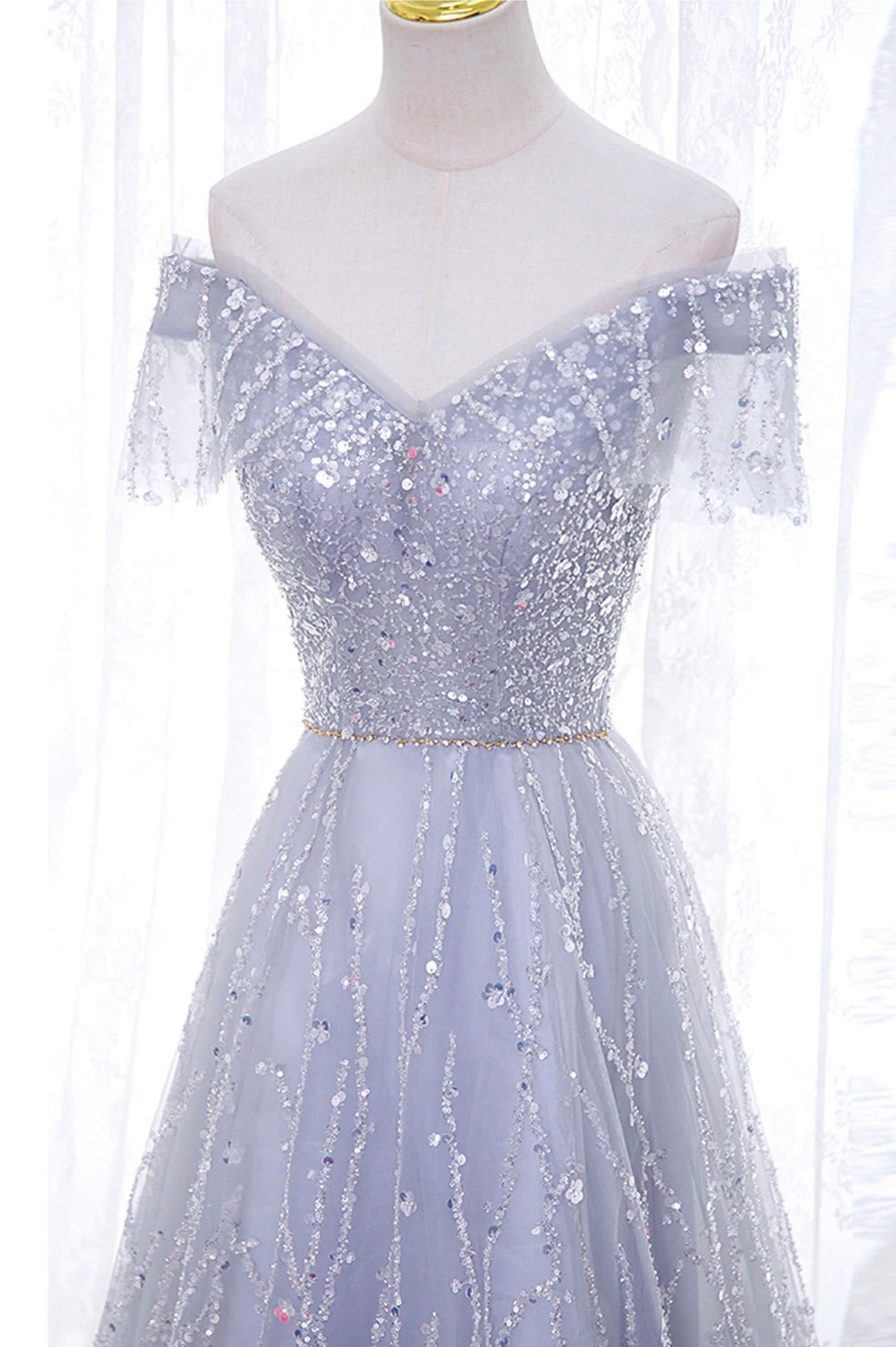 Off the Shoulder A-Line Tulle Sequins Long Prom Dress Evening Party Dress