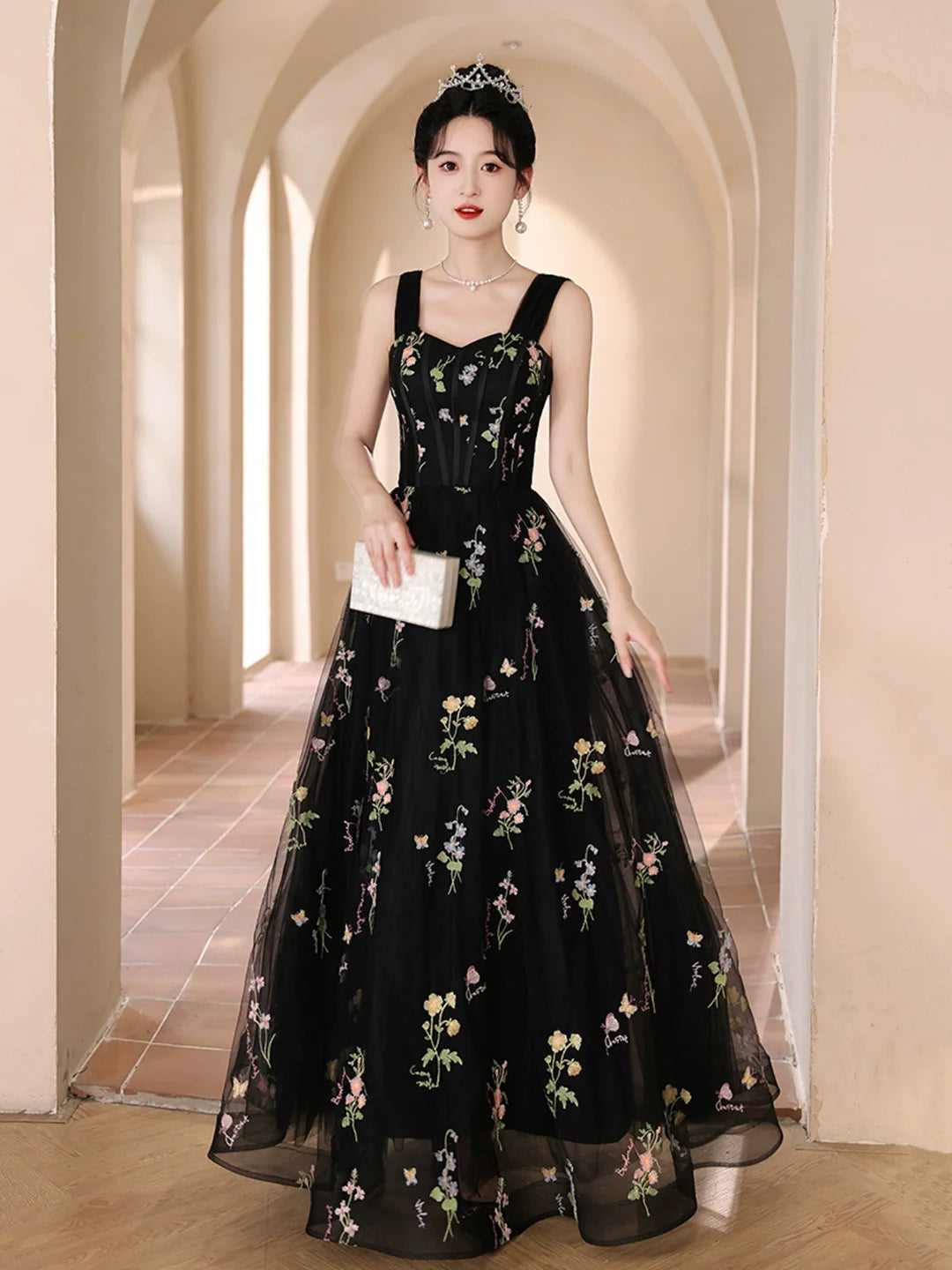 Off the Shoulder Black Floral Tulle Floor Length Prom Dress Evening Party Dress
