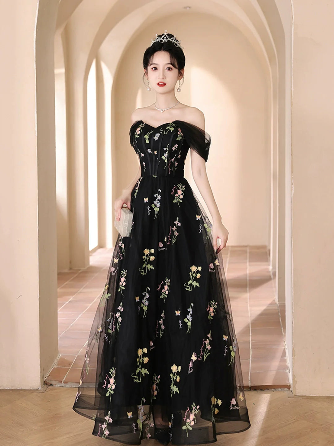 Off the Shoulder Black Floral Tulle Floor Length Prom Dress Evening Party Dress