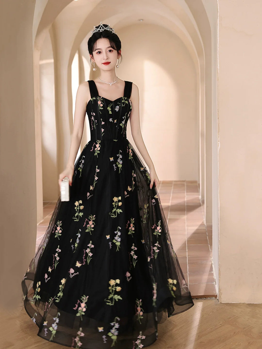 Off the Shoulder Black Floral Tulle Floor Length Prom Dress Evening Party Dress