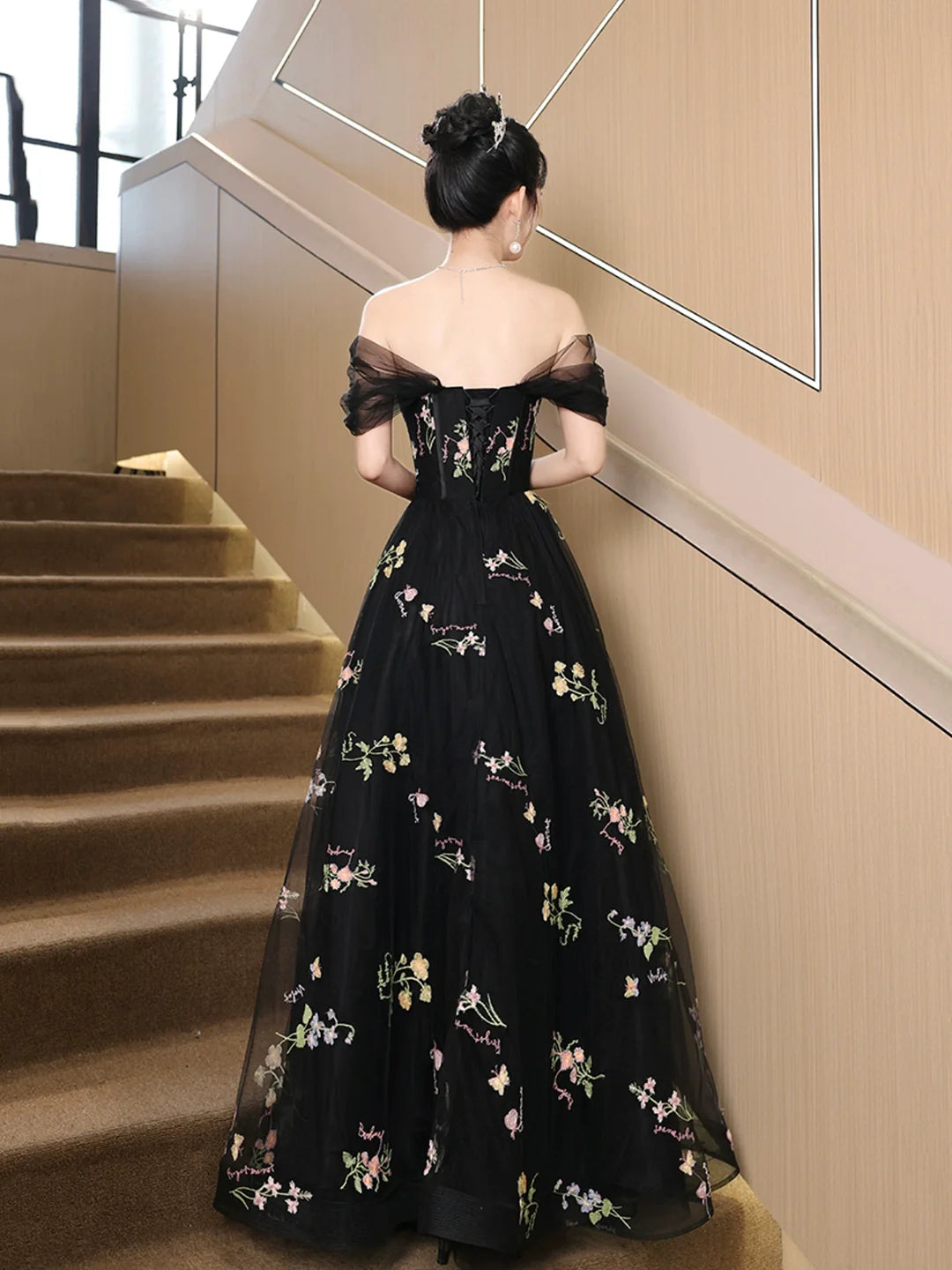 Off the Shoulder Black Floral Tulle Floor Length Prom Dress Evening Party Dress