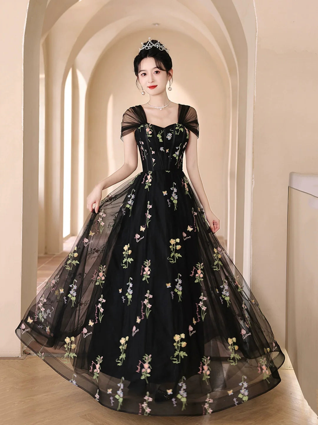 Off the Shoulder Black Floral Tulle Floor Length Prom Dress Evening Party Dress