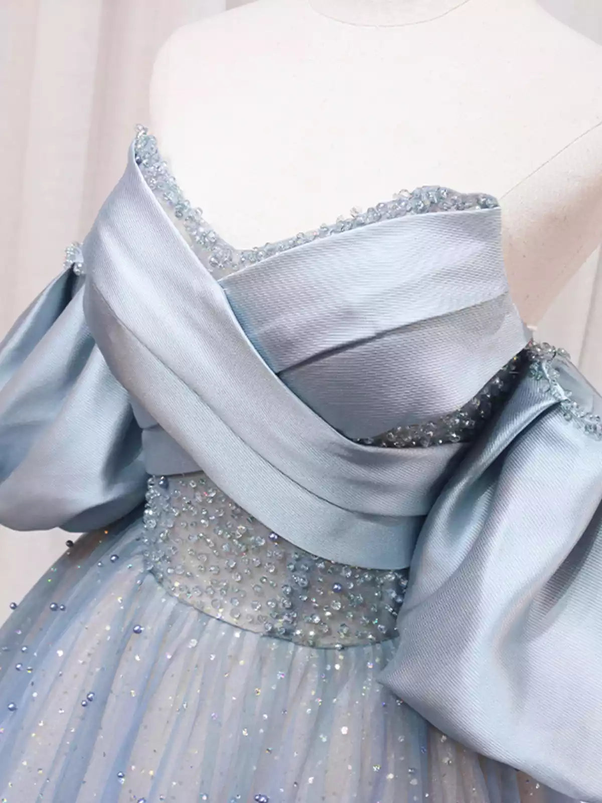 Off the Shoulder Blue Puff Sleeve Long A-Line Prom Dress Formal Evening Dress