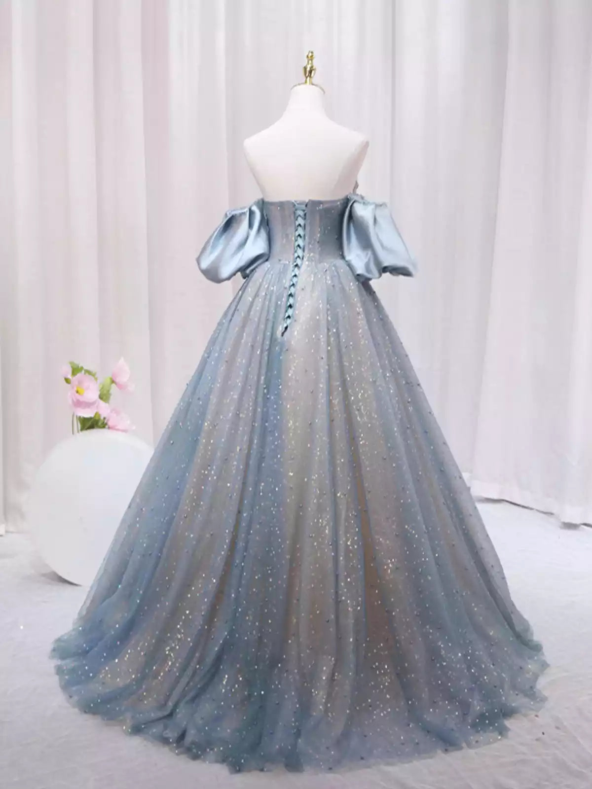 Off the Shoulder Blue Puff Sleeve Long A-Line Prom Dress Formal Evening Dress