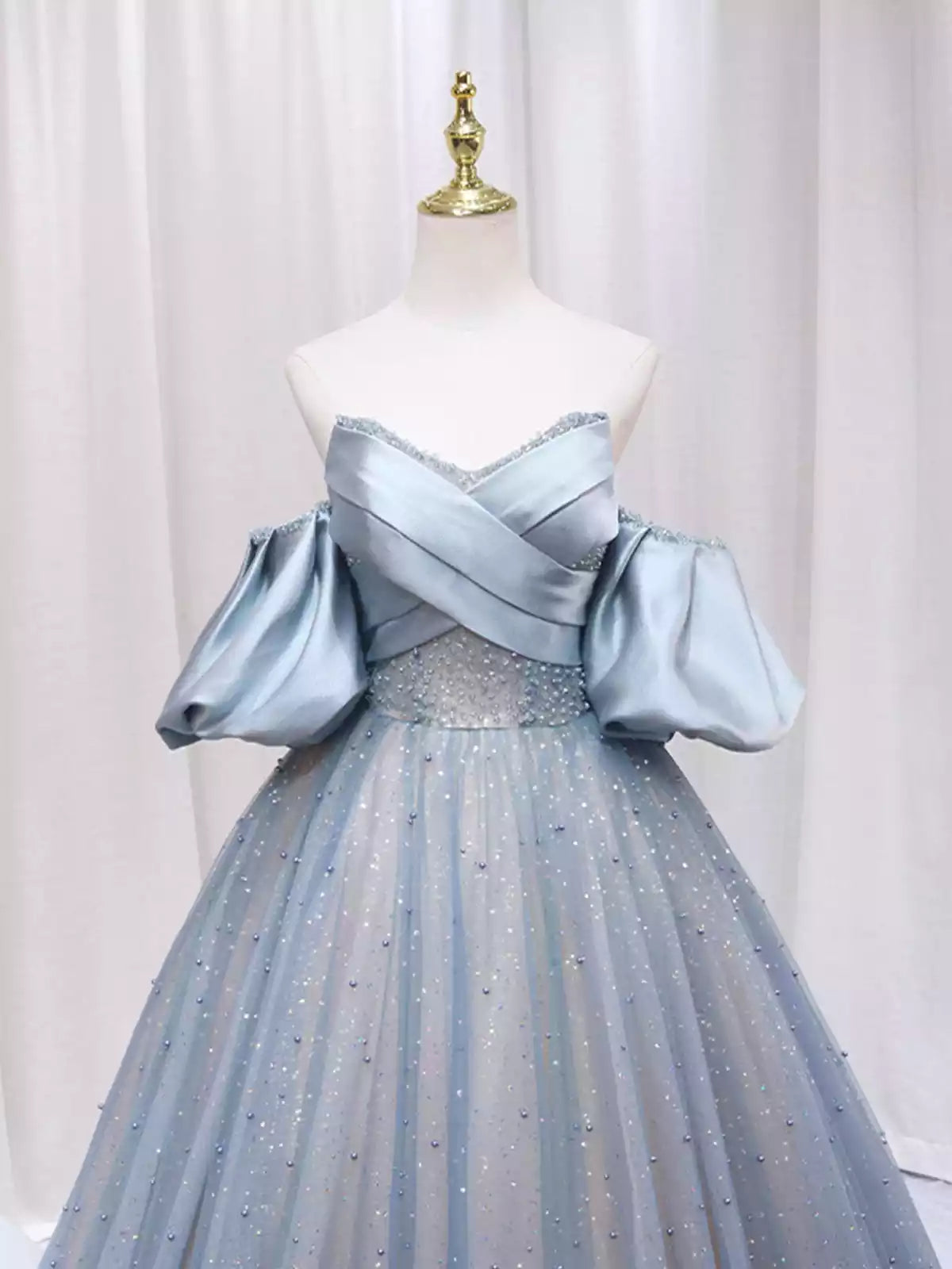 Off the Shoulder Blue Puff Sleeve Long A-Line Prom Dress Formal Evening Dress