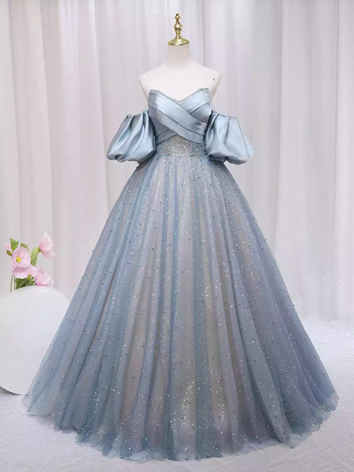 Off the Shoulder Blue Puff Sleeve Long A-Line Prom Dress Formal Evening Dress