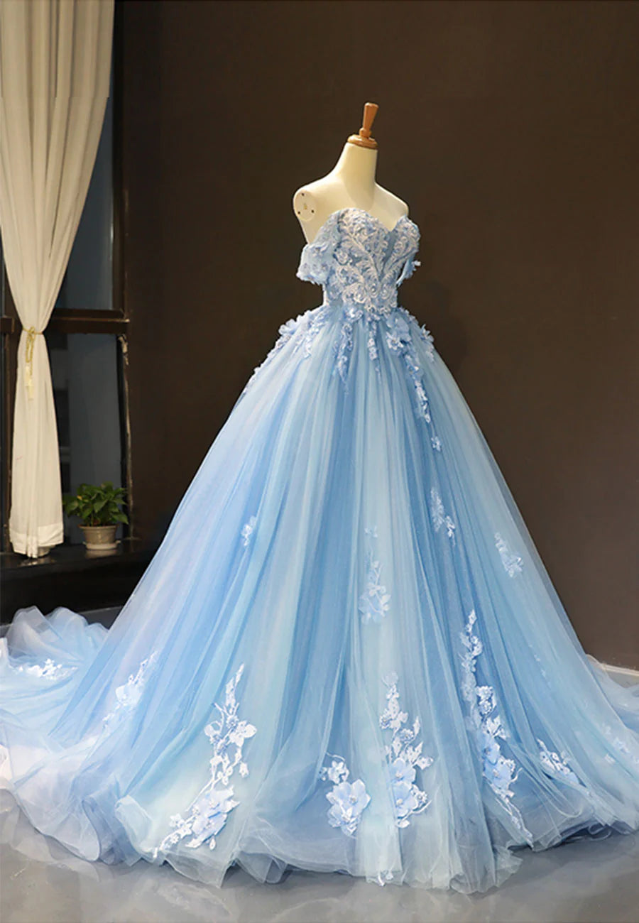 Off the Shoulder Blue Tulle Long A-Line Prom Dress Evening Dress Wedding Dress