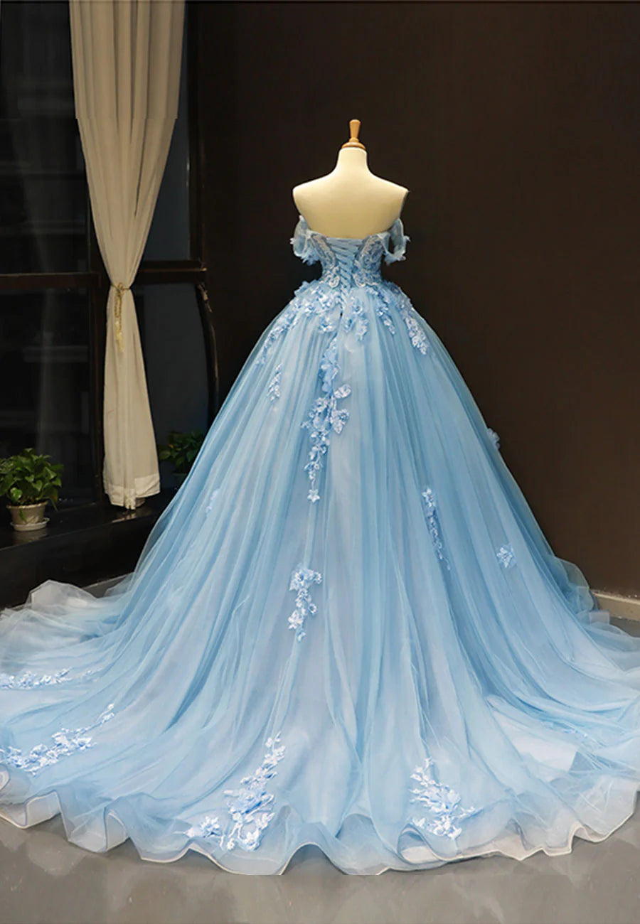 Off the Shoulder Blue Tulle Long A-Line Prom Dress Evening Dress Wedding Dress
