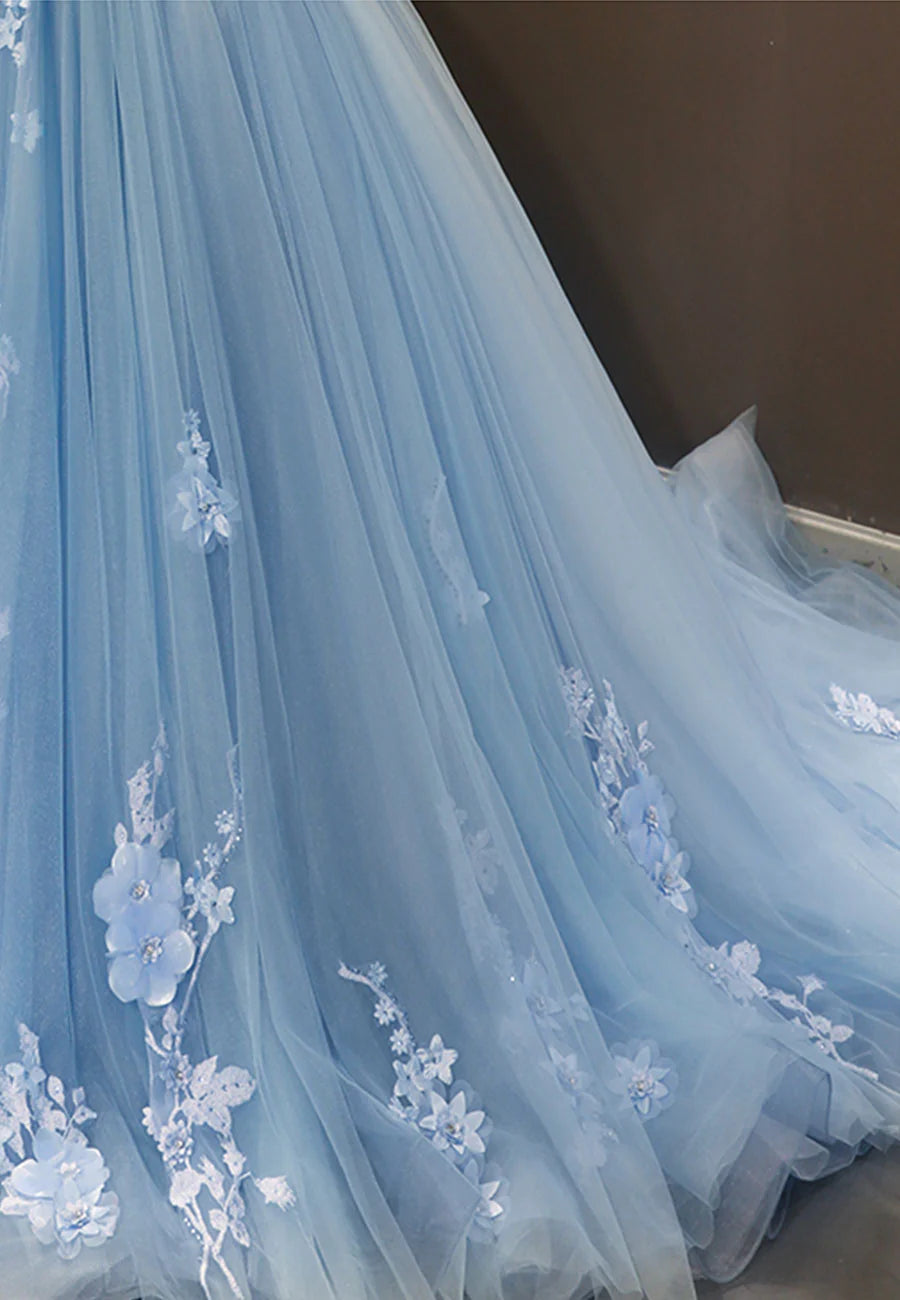 Off the Shoulder Blue Tulle Long A-Line Prom Dress Evening Dress Wedding Dress