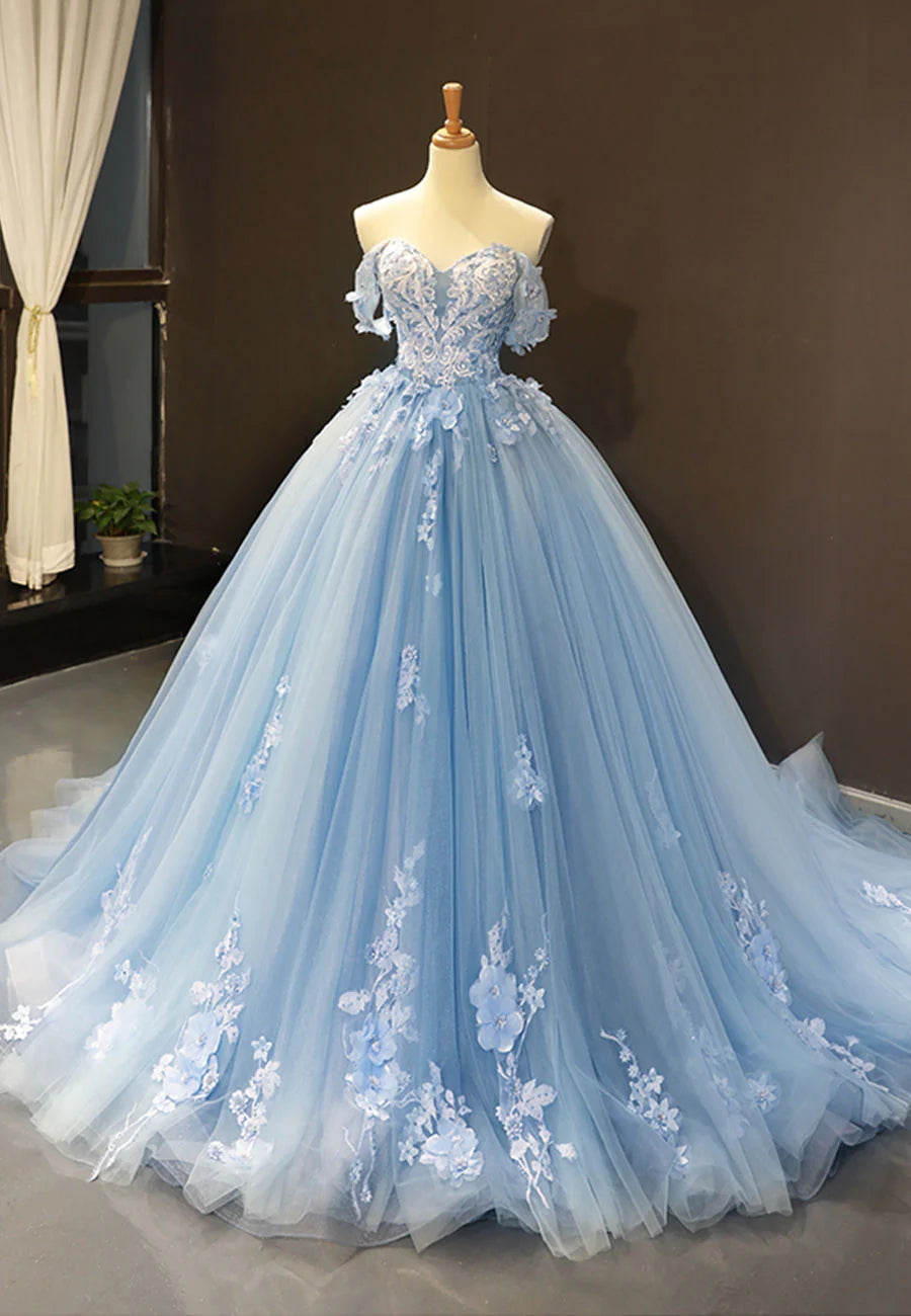 Off the Shoulder Blue Tulle Long A-Line Prom Dress Evening Dress Wedding Dress