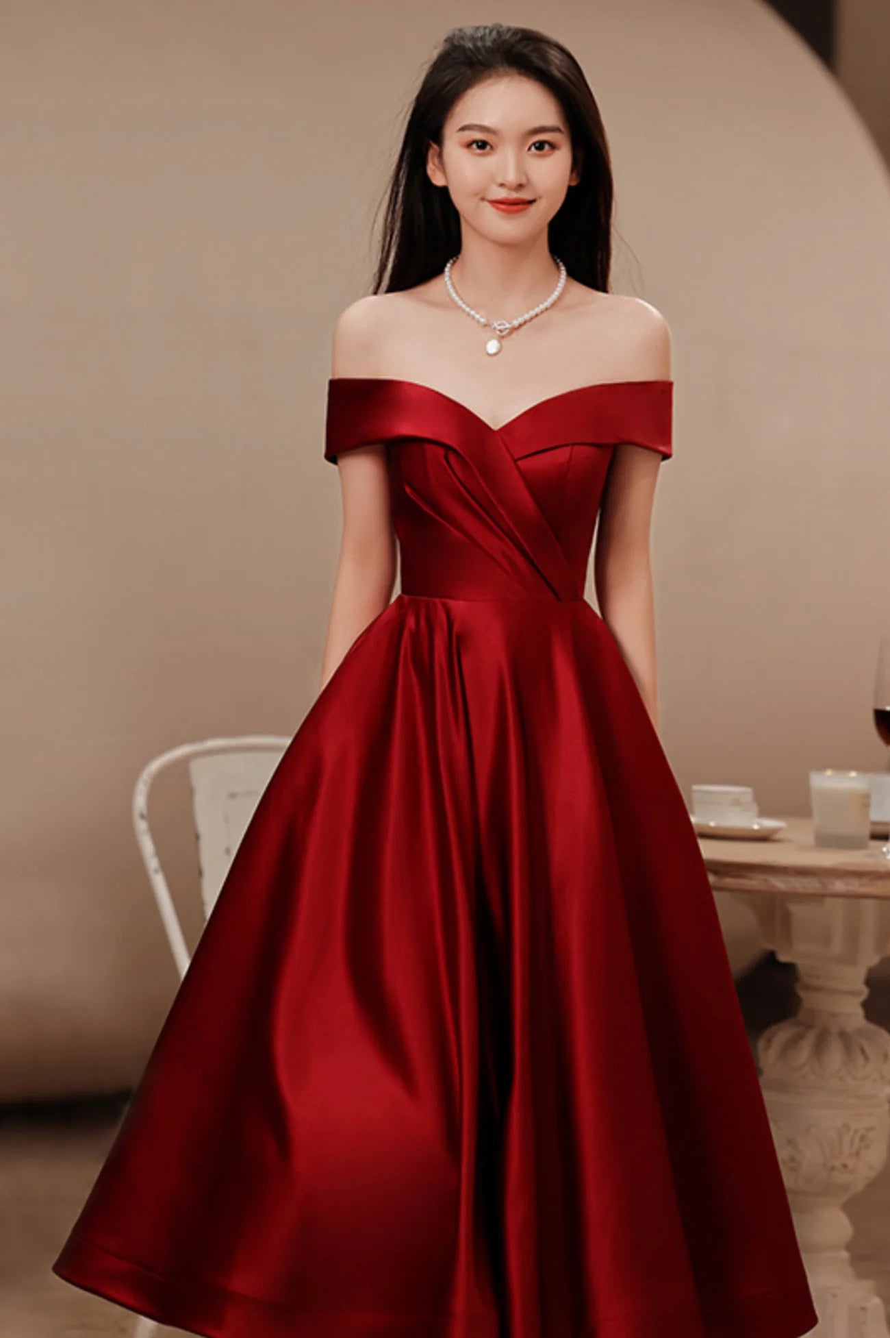 Off the Shoulder Burgundy Satin Short Prom Dresses  Evening Dresses