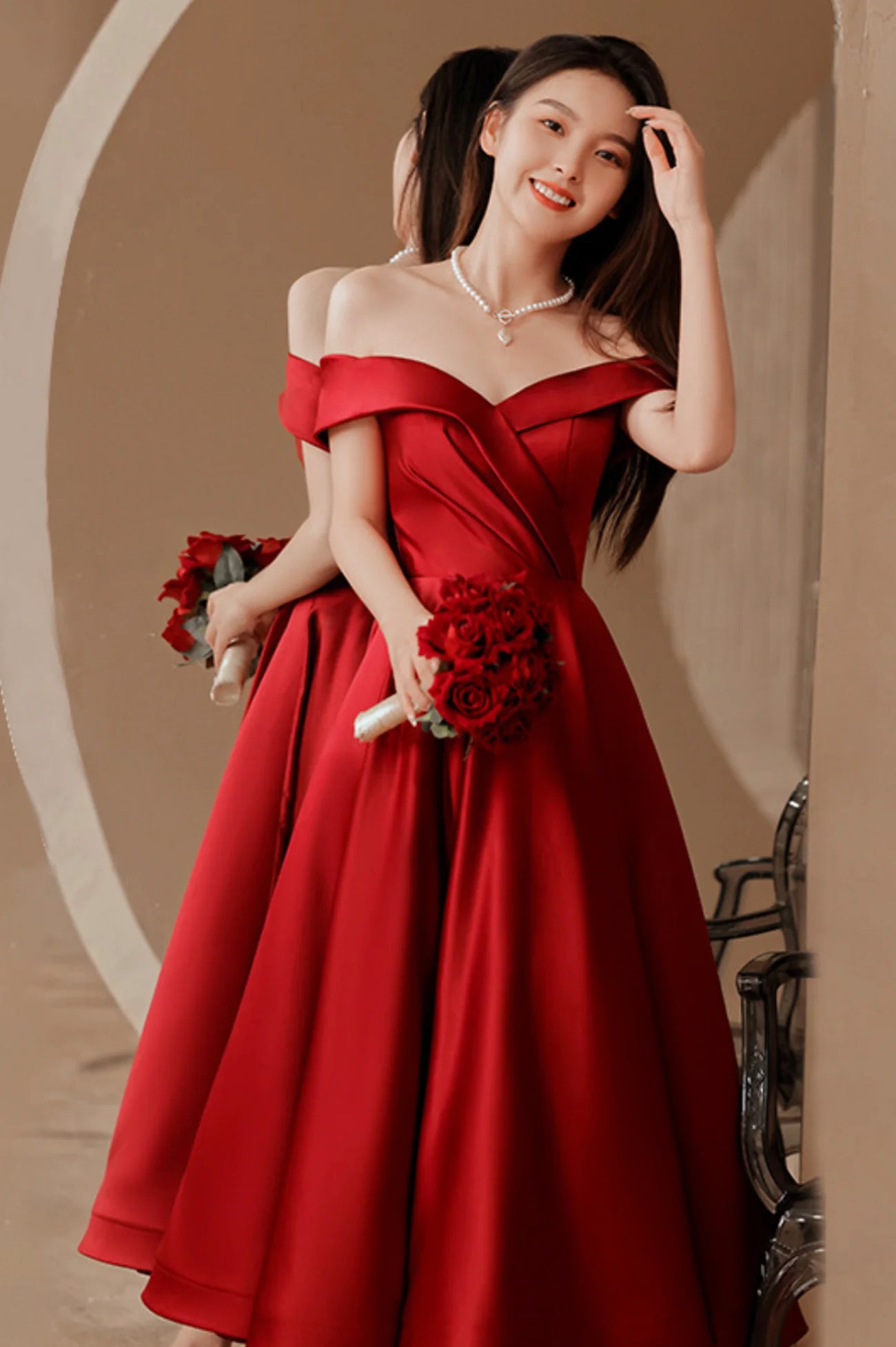 Off the Shoulder Burgundy Satin Short Prom Dresses  Evening Dresses