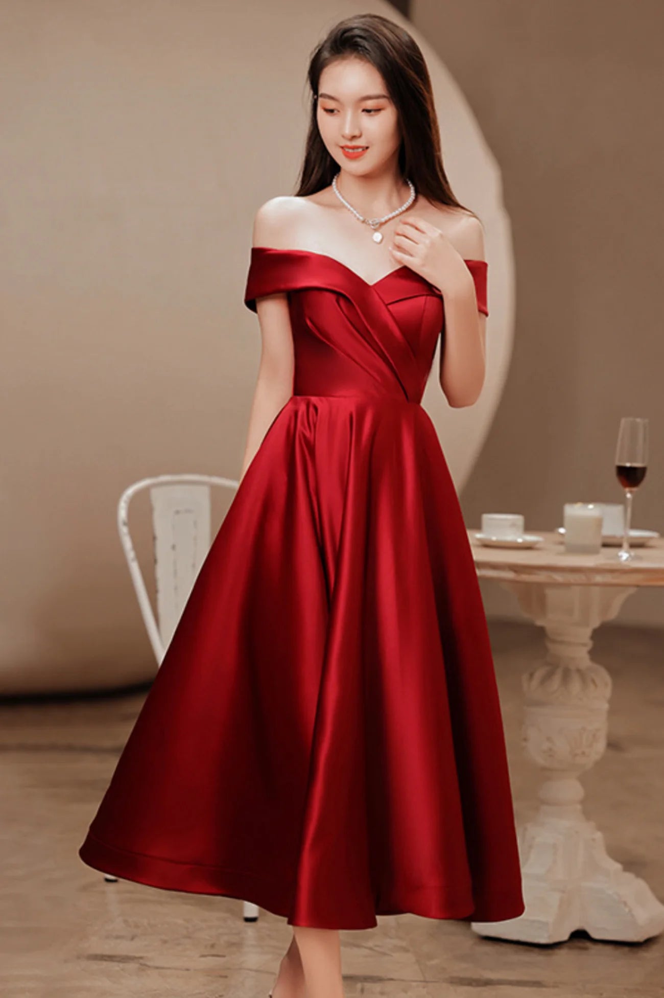 Off the Shoulder Burgundy Satin Short Prom Dresses  Evening Dresses