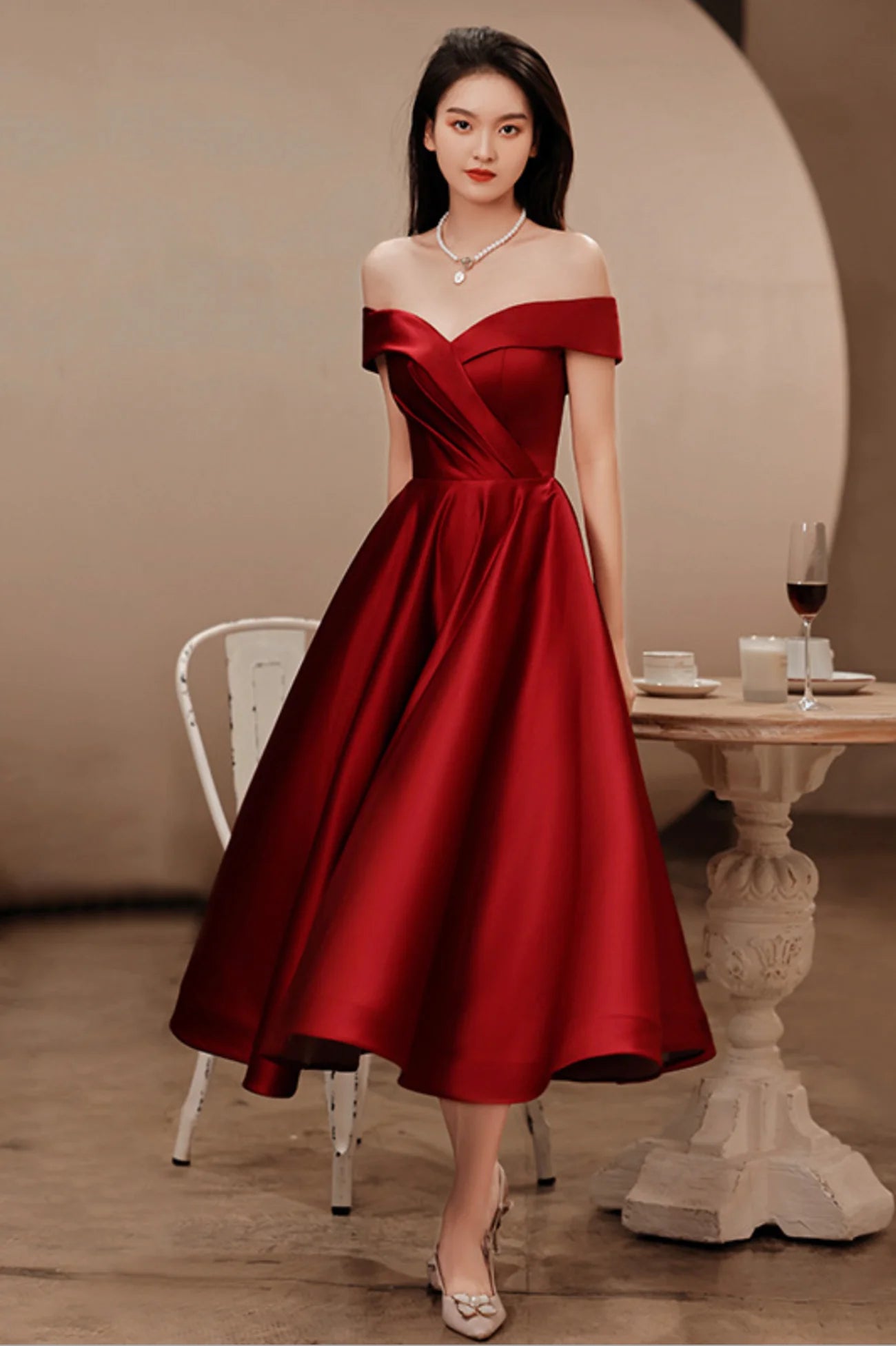 Off the Shoulder Burgundy Satin Short Prom Dresses  Evening Dresses