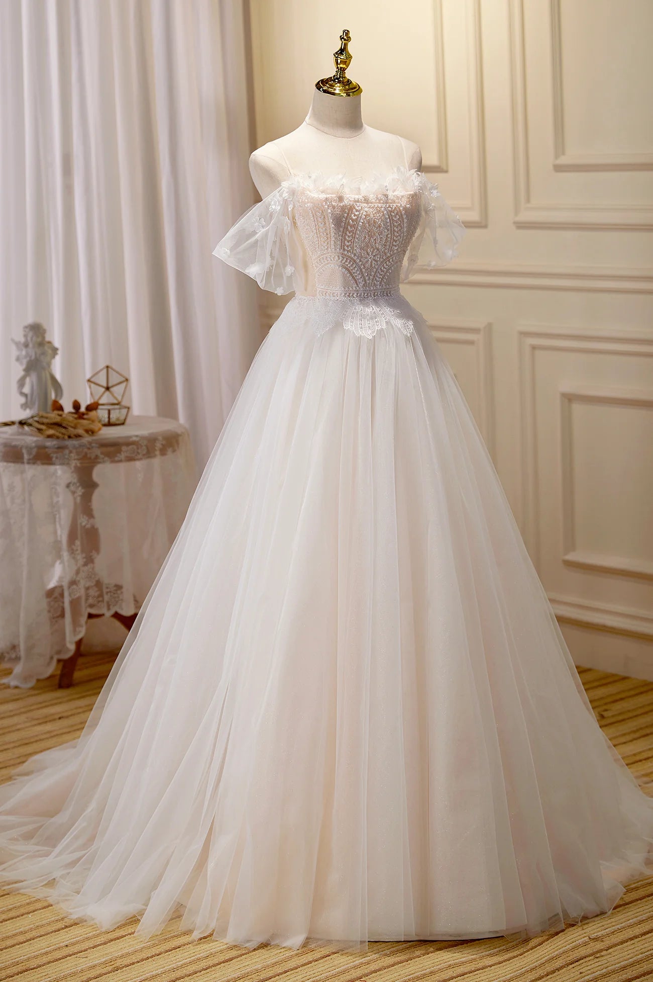 Off the Shoulder Champagne Lace Long A-line Prom Dress Evening Dress Wedding Dress