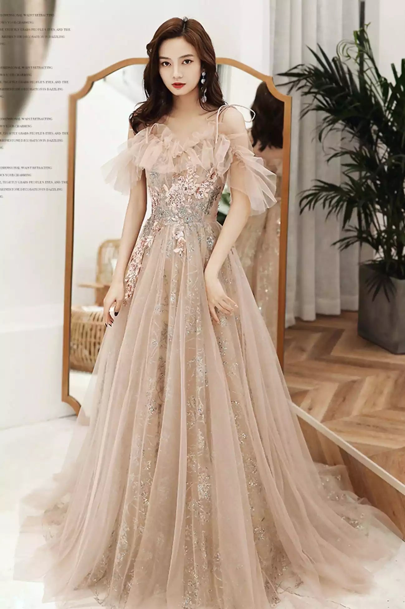 Off the Shoulder Champagne Tulle Sequins Long Formal Party Dresses Prom Dresses