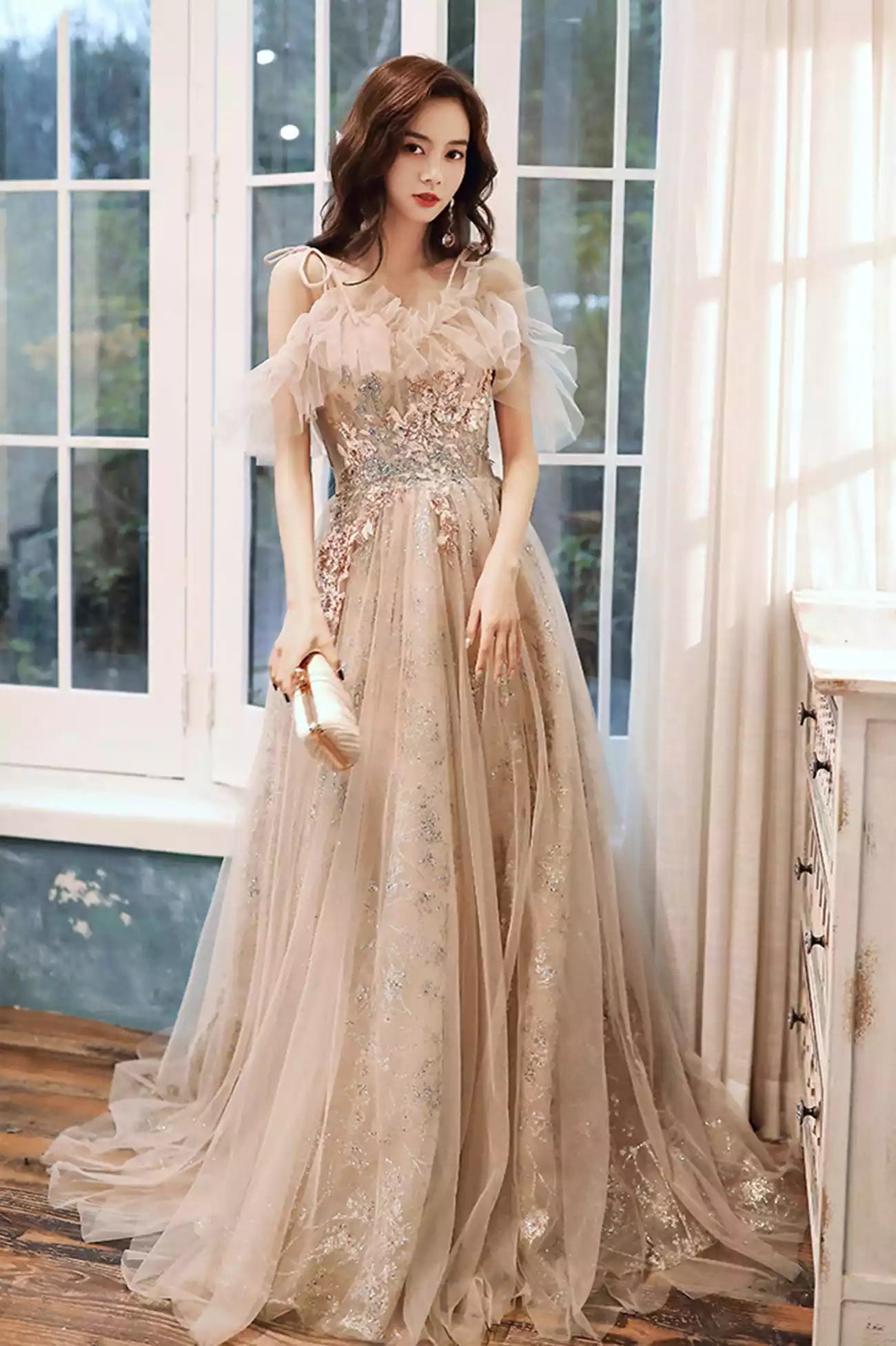 Off the Shoulder Champagne Tulle Sequins Long Formal Party Dresses Prom Dresses