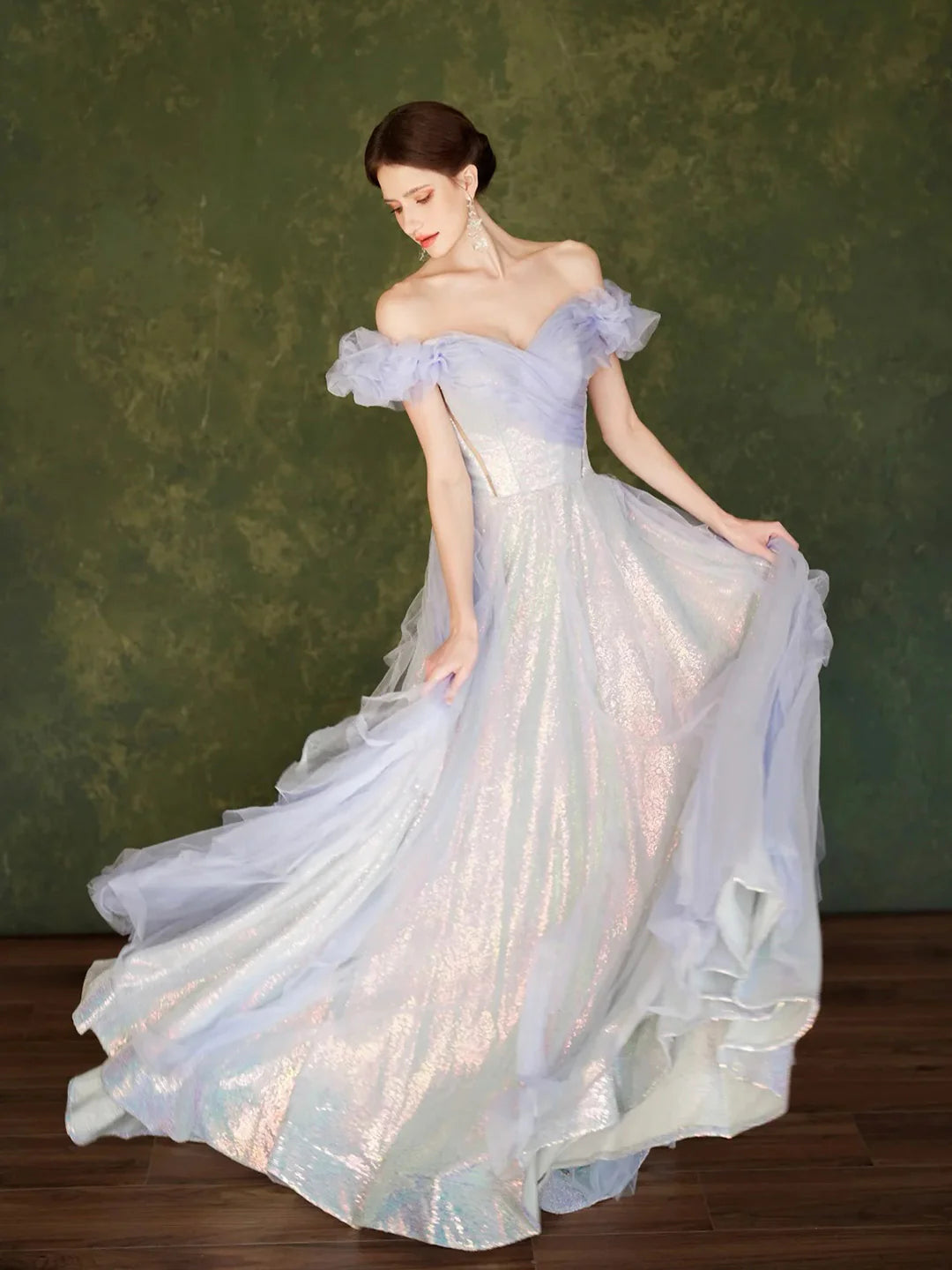 Off the Shoulder Light Purple A-line Colorful Sequins Tulle Formal Dress Birthday Fairy Party Evening Gowns Dress