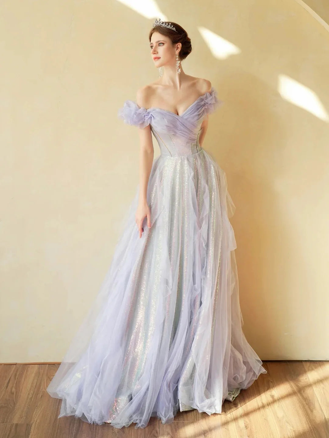 Off the Shoulder Light Purple A-line Colorful Sequins Tulle Formal Dress Birthday Fairy Party Evening Gowns Dress