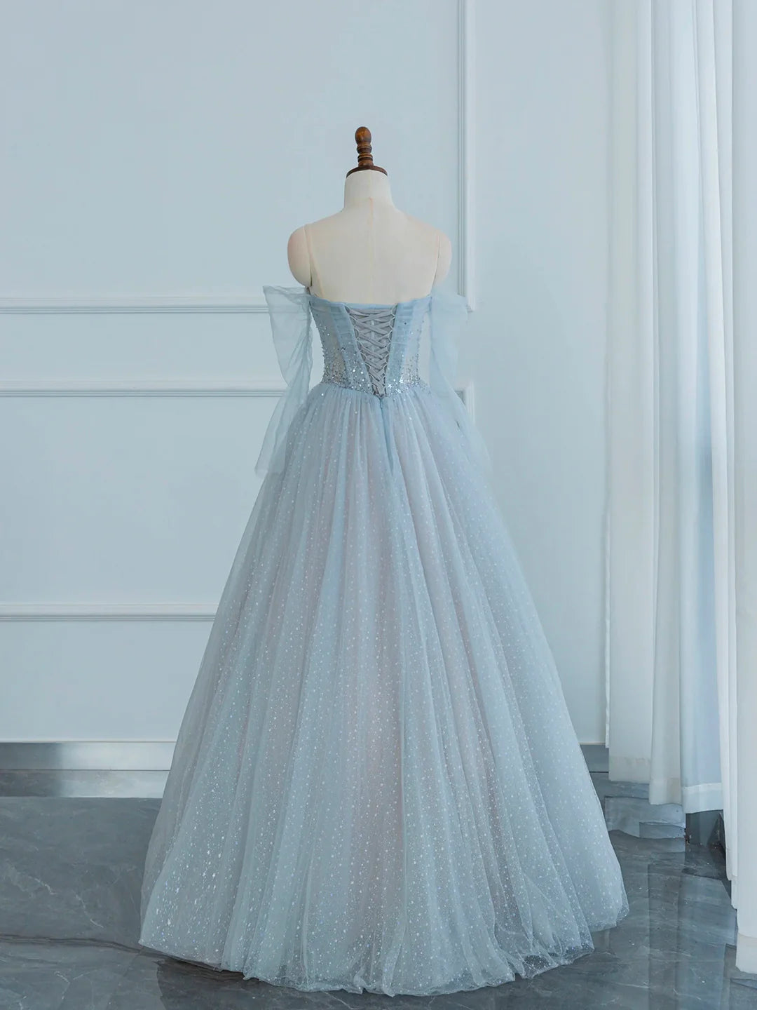 Off the Shoulder Long Sleeve Dusty Blue Tulle Sequins Long Prom Dress Evening Party Dress