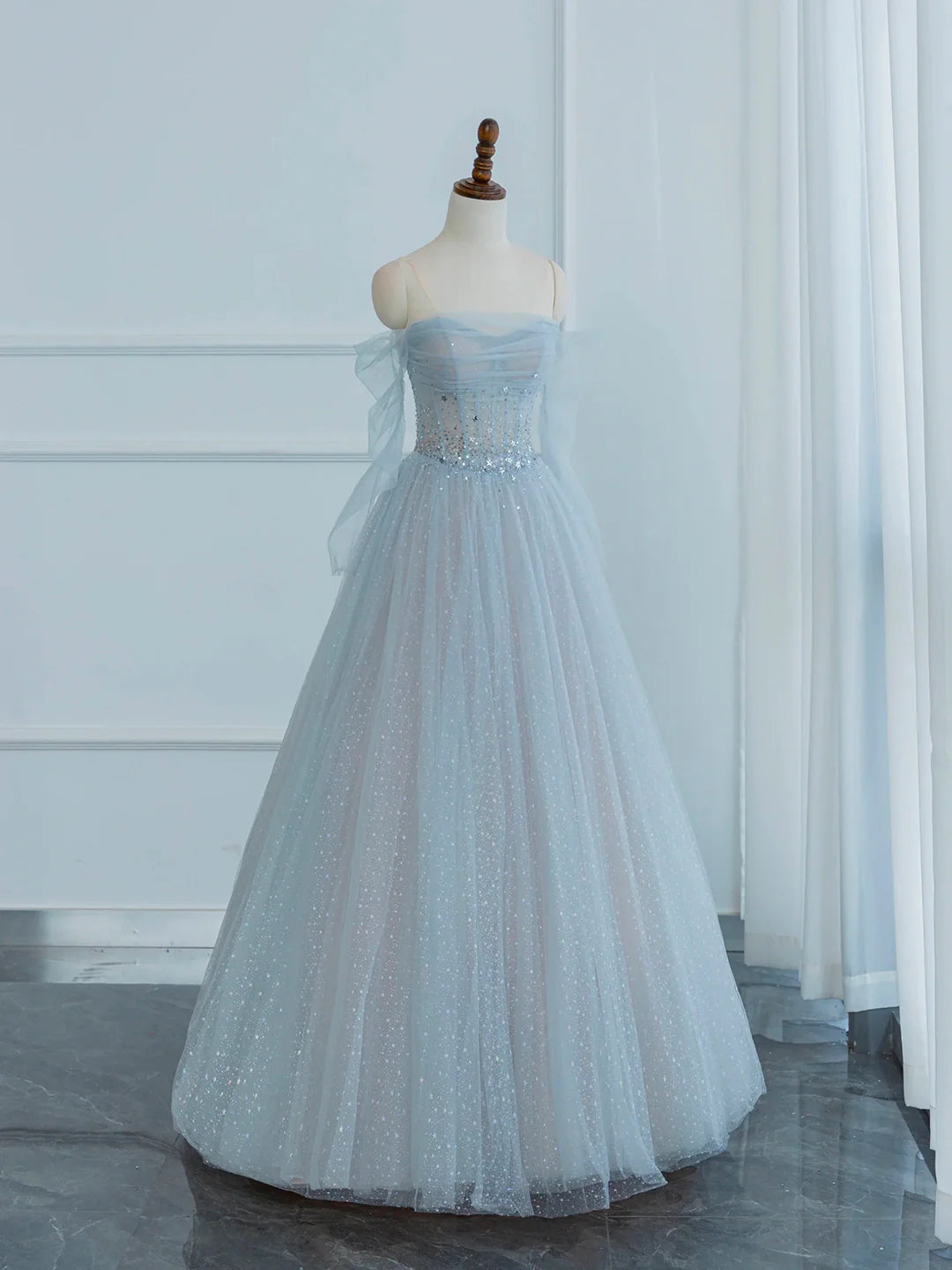 Off the Shoulder Long Sleeve Dusty Blue Tulle Sequins Long Prom Dress Evening Party Dress