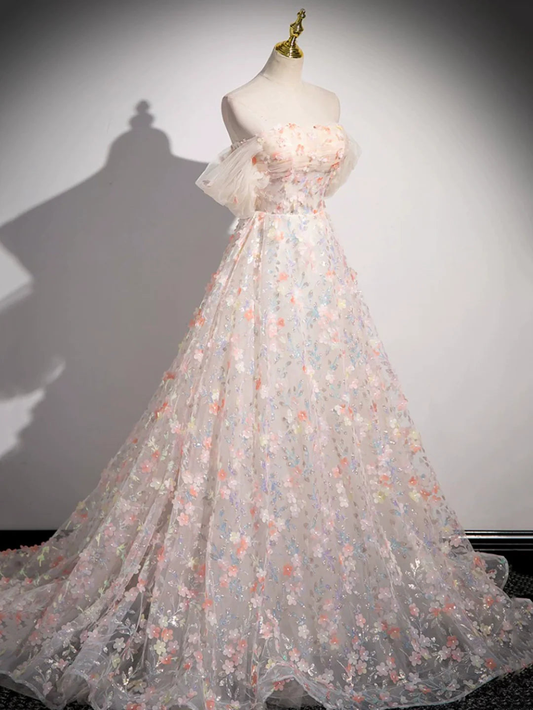 Off the Shoulder Lovely Three-dimensional Floral Floor Length Prom Dress Evening Party Dress