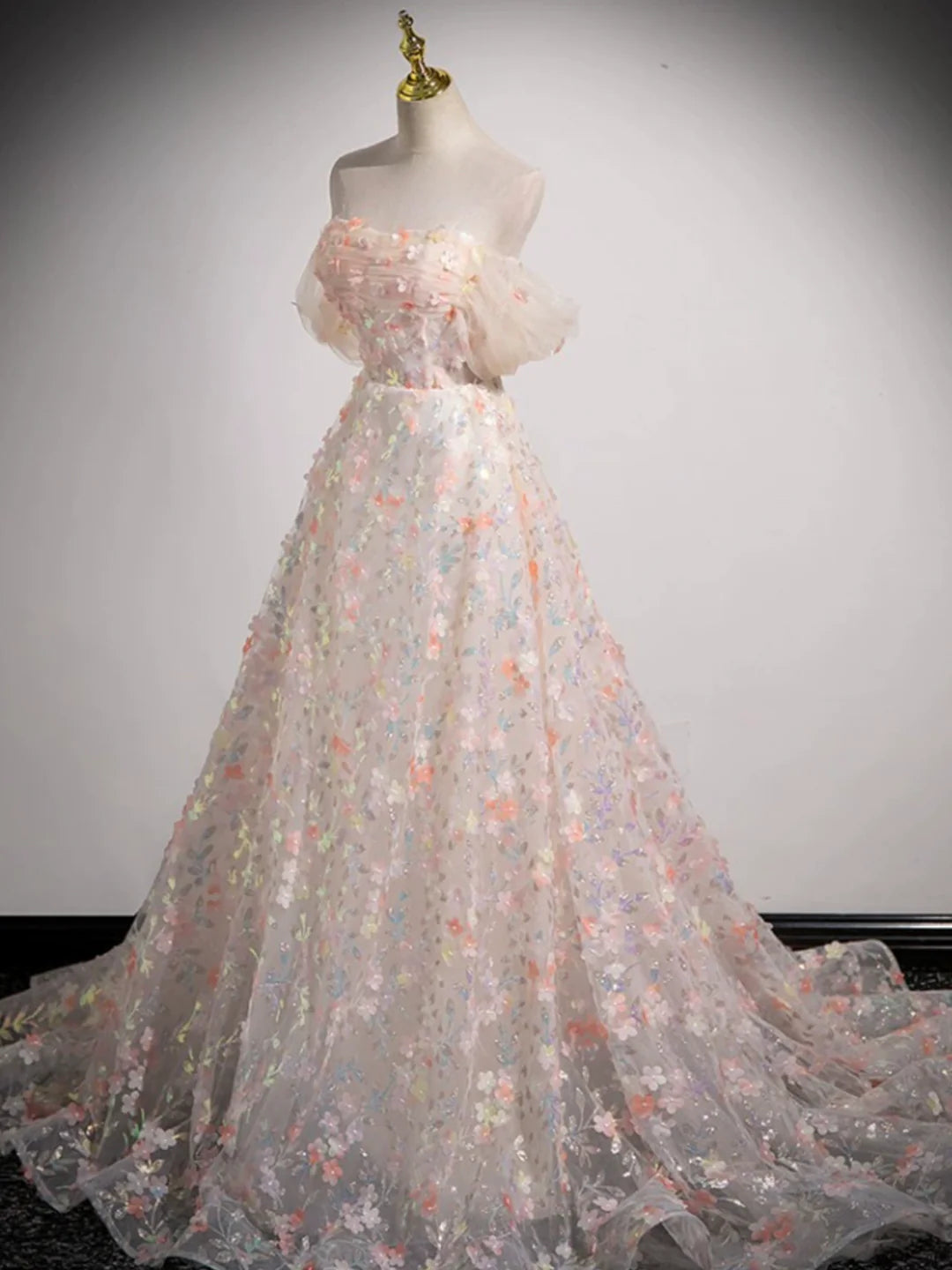 Off the Shoulder Lovely Three-dimensional Floral Floor Length Prom Dress Evening Party Dress