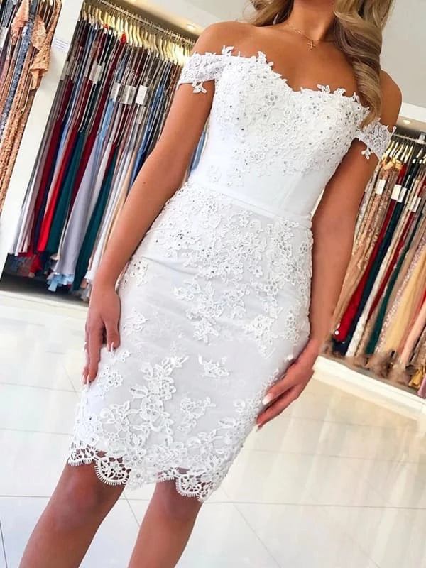 Off the Shoulder Mermaid Short White Lace Prom Dress White Lace Short Formal Graduation Party Dresses Homecoming Dress