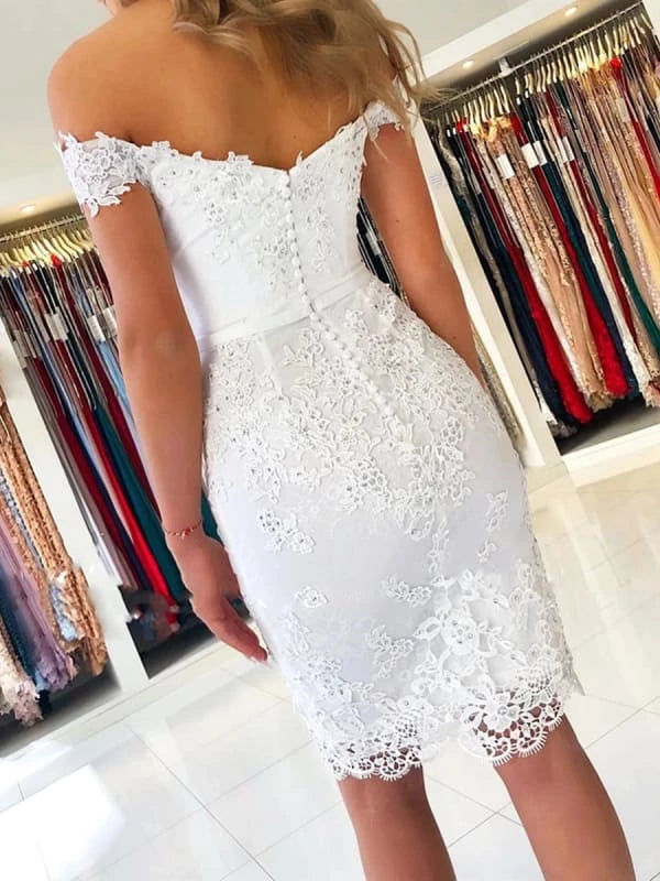 Off the Shoulder Mermaid Short White Lace Prom Dress White Lace Short Formal Graduation Party Dresses Homecoming Dress