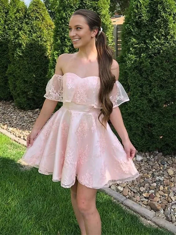 Off the Shoulder Pink Lace Short Prom Dresses Pink Lace Formal Evening Dresses Party Dresses Homecoming Dresses