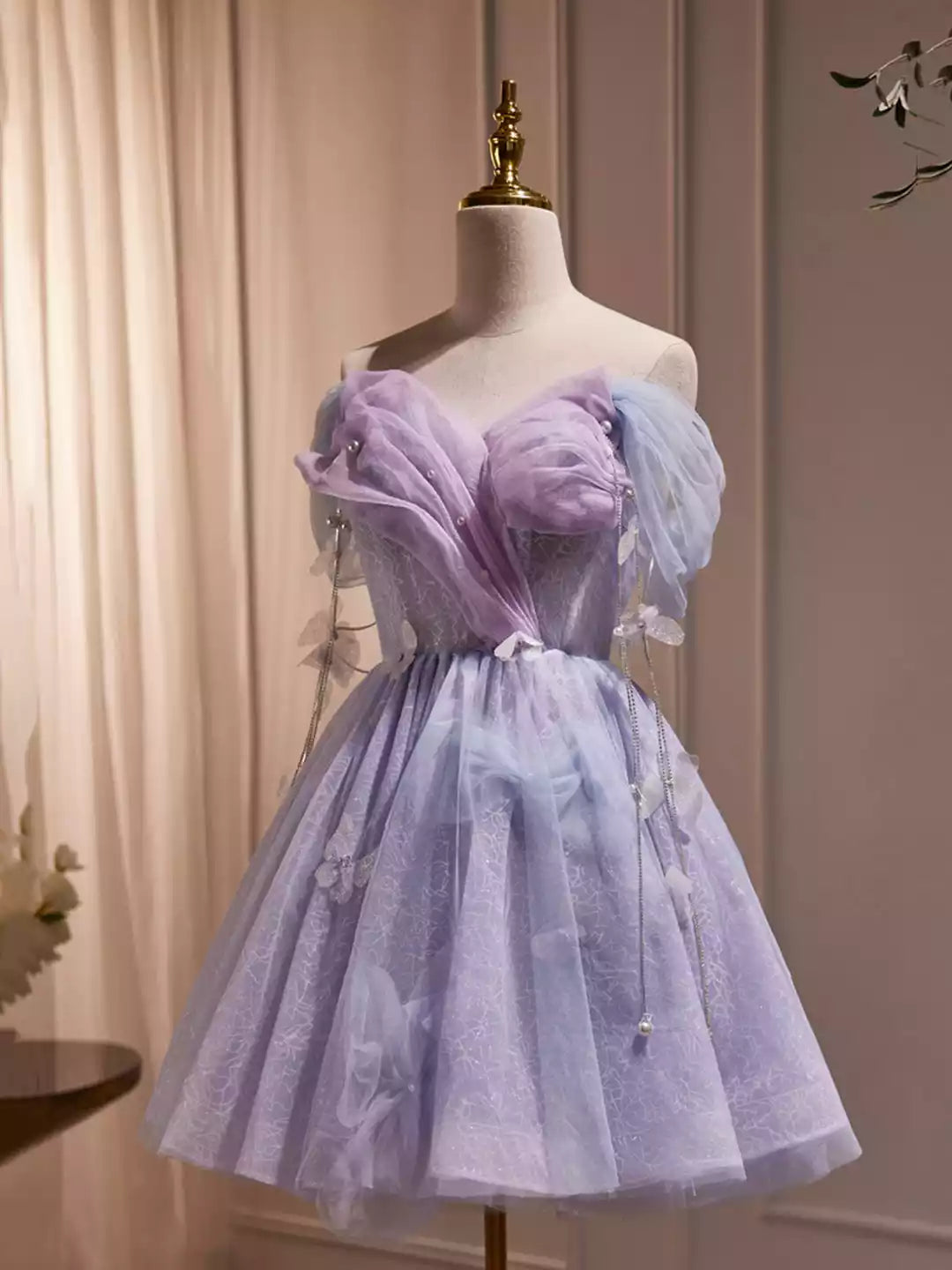 Off the Shoulder Purple Tulle Knee Length Birthday Party Formal Dress Purple Prom Dress