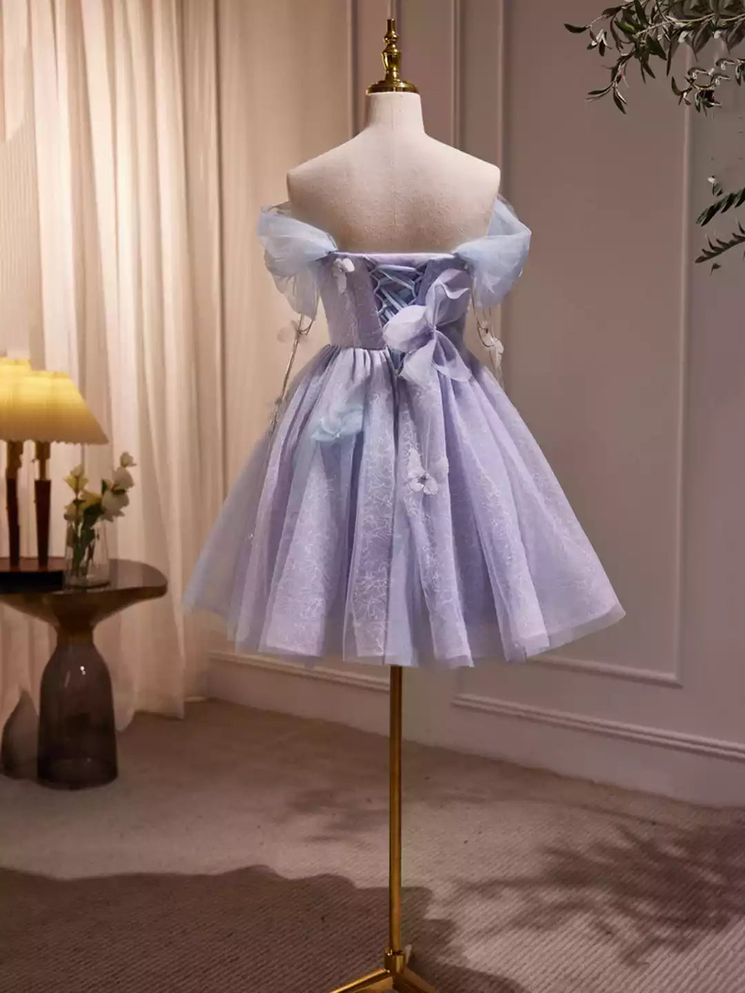 Off the Shoulder Purple Tulle Knee Length Birthday Party Formal Dress Purple Prom Dress