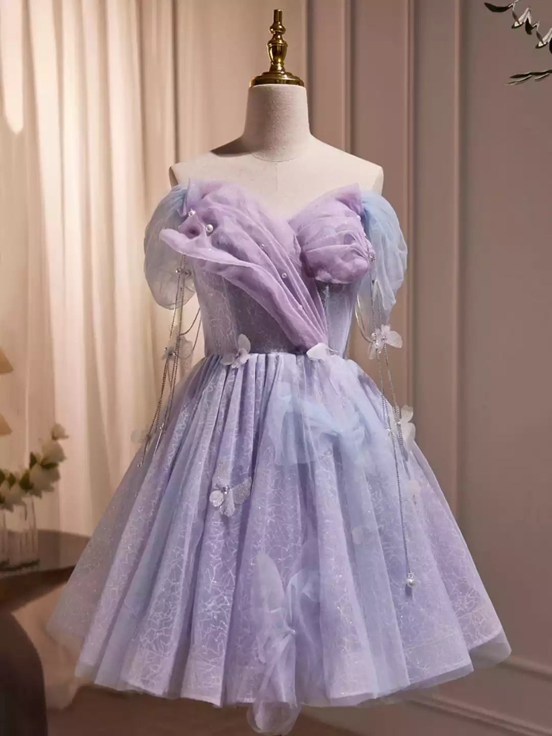 Off the Shoulder Purple Tulle Knee Length Birthday Party Formal Dress Purple Prom Dress
