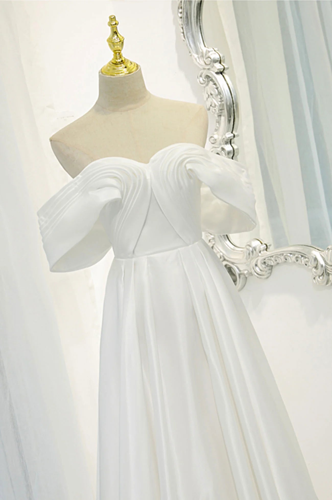 Off the Shoulder White Satin Long Prom Dress Evening Dress Wedding Dress