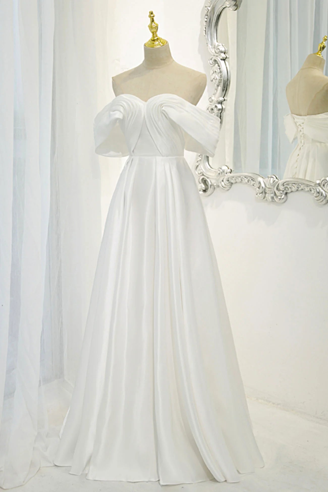 Off the Shoulder White Satin Long Prom Dress Evening Dress Wedding Dress