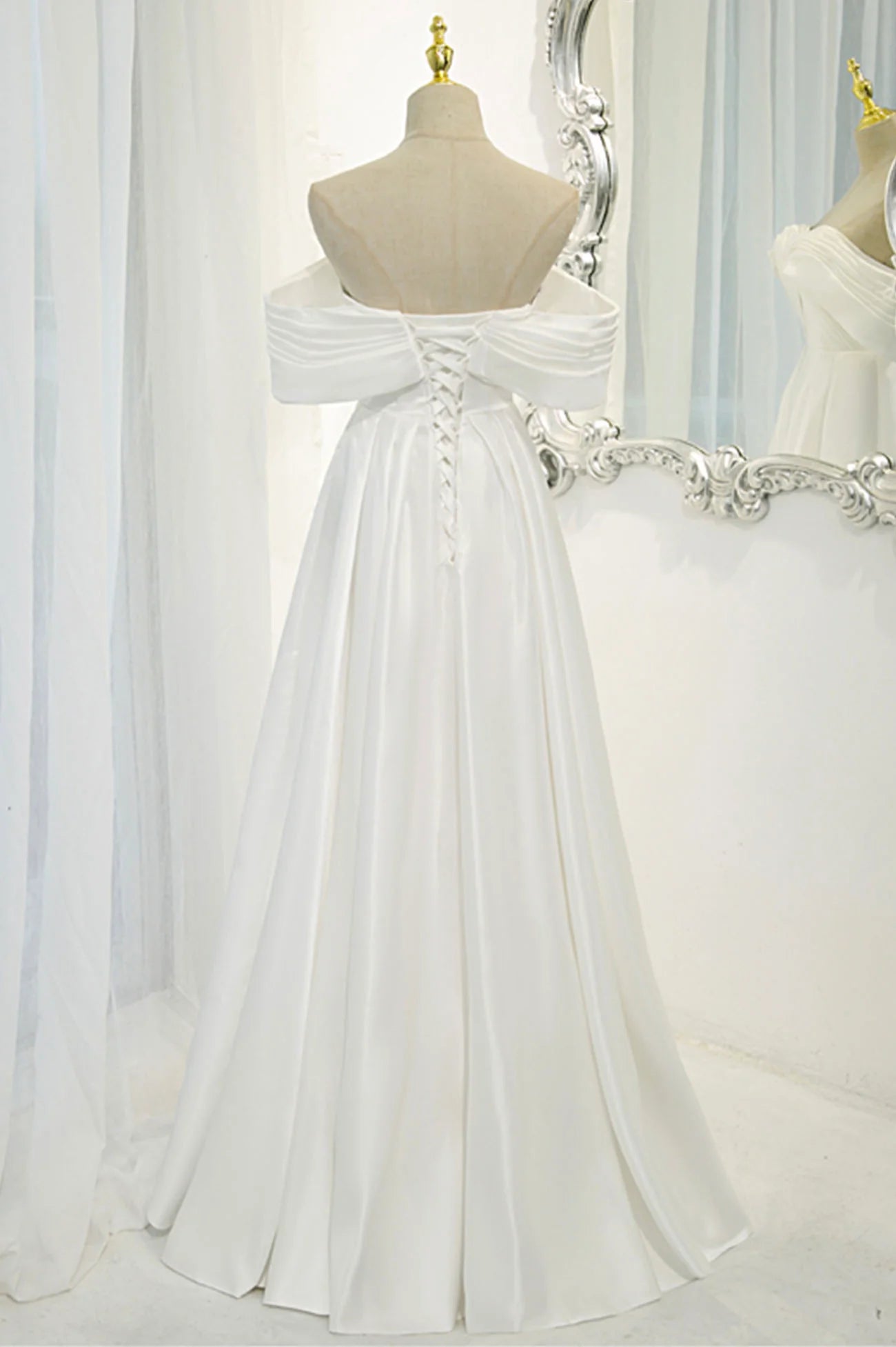 Off the Shoulder White Satin Long Prom Dress Evening Dress Wedding Dress