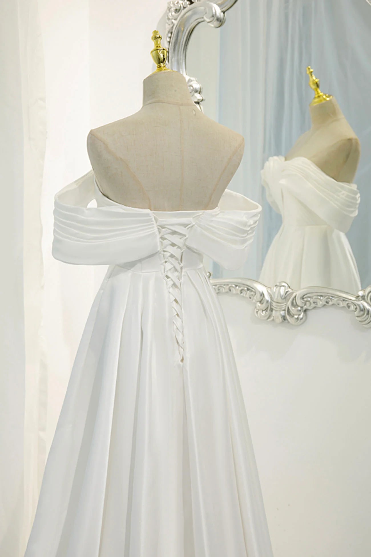 Off the Shoulder White Satin Long Prom Dress Evening Dress Wedding Dress