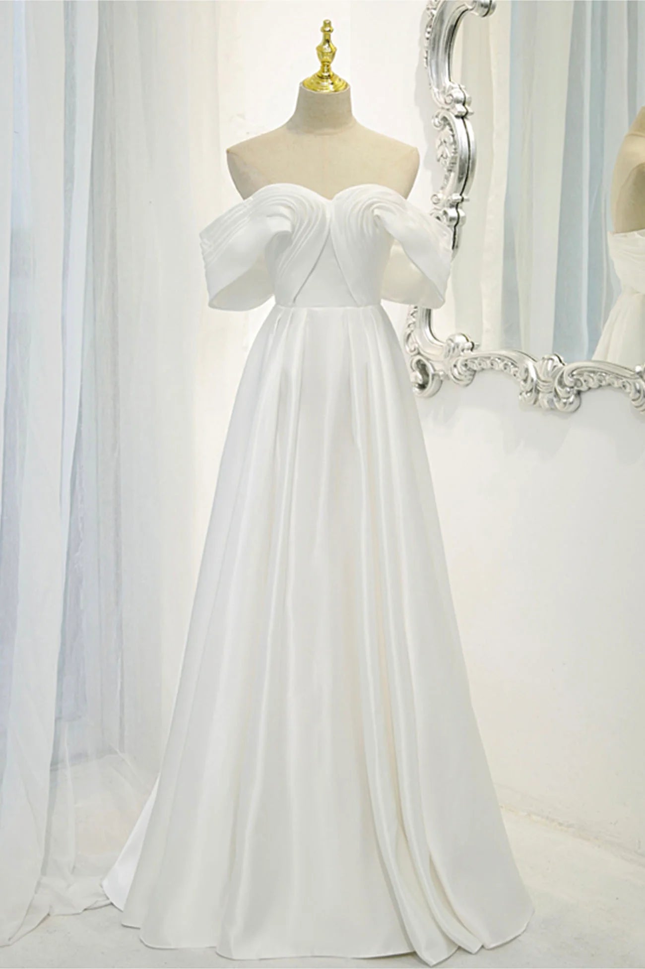 Off the Shoulder White Satin Long Prom Dress Evening Dress Wedding Dress
