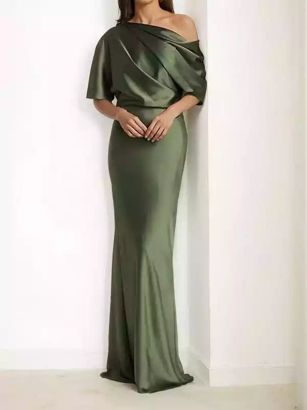 One-Shoulder 1/2 Sleeves Sheath Elastic Woven Satin Ruched Floor-Length Mother of the Bride Dresses