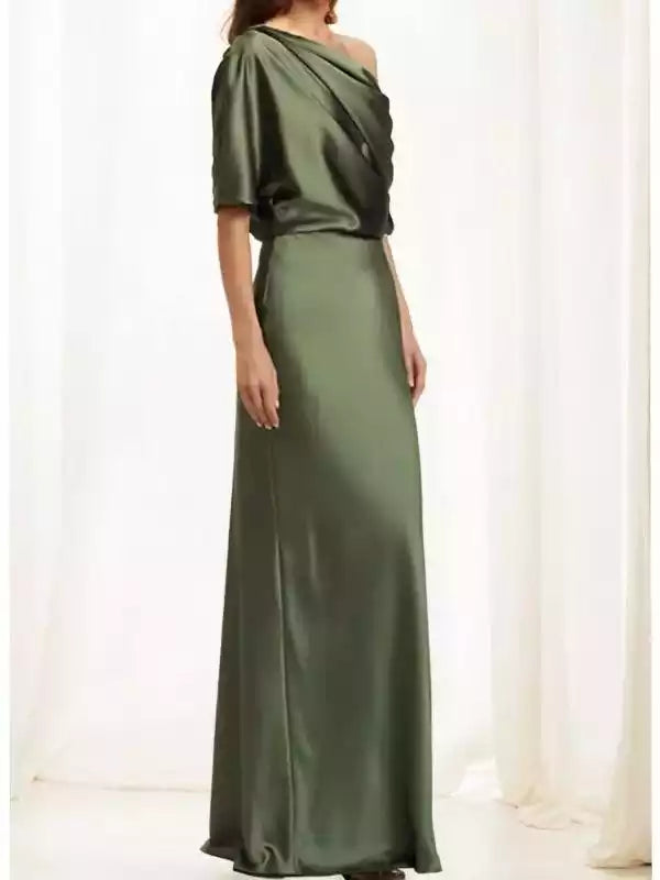 One-Shoulder 1/2 Sleeves Sheath Elastic Woven Satin Ruched Floor-Length Mother of the Bride Dresses